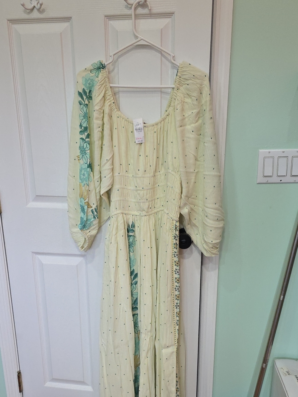 LOFT Pale Yellow Dress with Teal Floral Trim - Women